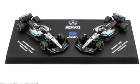 Mercedes 2er Set: W16, Formel 1, 2025, Mercedes AMG Petronas F1 Team, #63, G.Russell, 1:64, Bburago