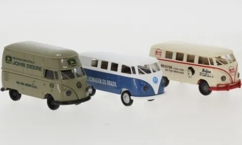Set mit 3 VW-Bulli-Modellen, 1960, Im Einsatz in Südamerika, 1:87, Brekina